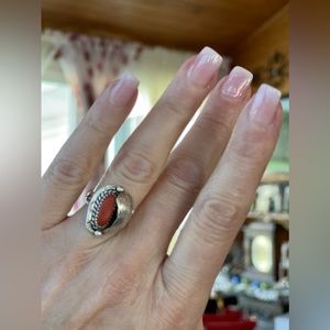 Navajo Red Coral Sawtooth Sterling Silver Scallop Ring